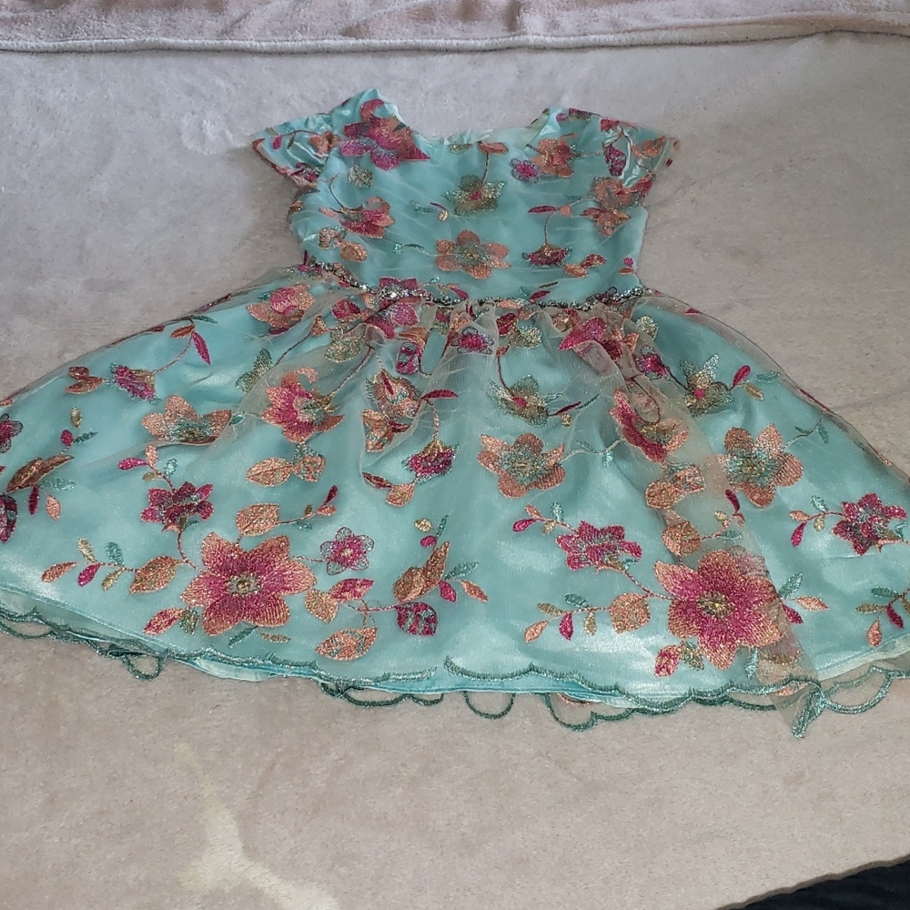 Cyan embroidered floral dress. Size:8. Has only been worn once